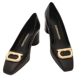 Ferragamo Pania Pumps Black Leather 60mm Block Heel Gold Gancini‎ Made In Italy